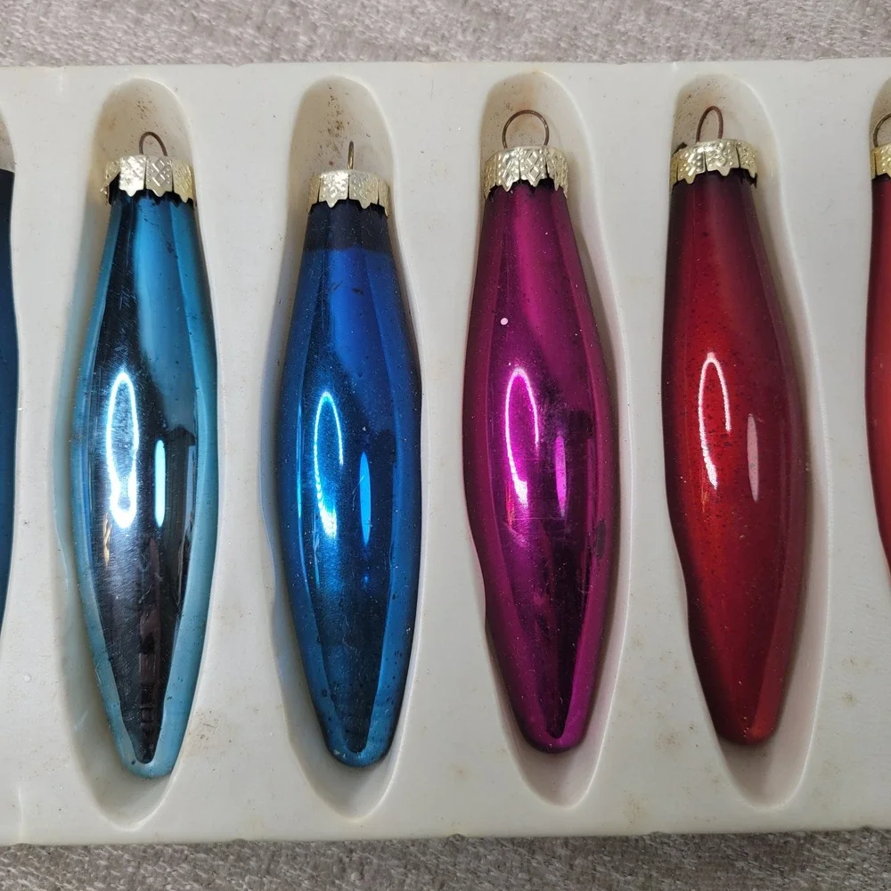 Vintage Glass Christmas Ornaments Teardrop Torpedo Jewel Tone Mixed Set of 9